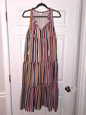 Sleeveless Multi-Stripe Tie-Front Maxi Dress - White/Multi —M/L